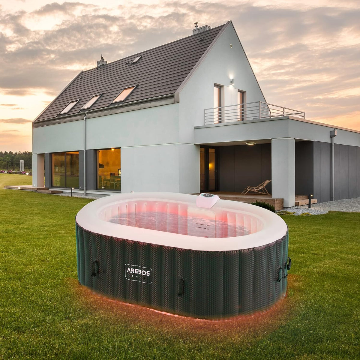 Arebos Whirlpool met ledverlichting, opblaasbaar, binnen en buiten, 190 x 120 cm ovaal, 2 personen, 90 massagejets, met verwarming, 550 liter, inclusief afdekking, bubbelspa en wellnessmassage