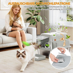 FOBYFURNY FPLB203SG1 Roestvrijstalen kattenbak met deksel, gesloten kattentoilet, 180 graden klapdeksel, inclusief pedaal en schep, gemakkelijk te reinigen, modulair design, 61 x 41 x 40 cm (l x b x h