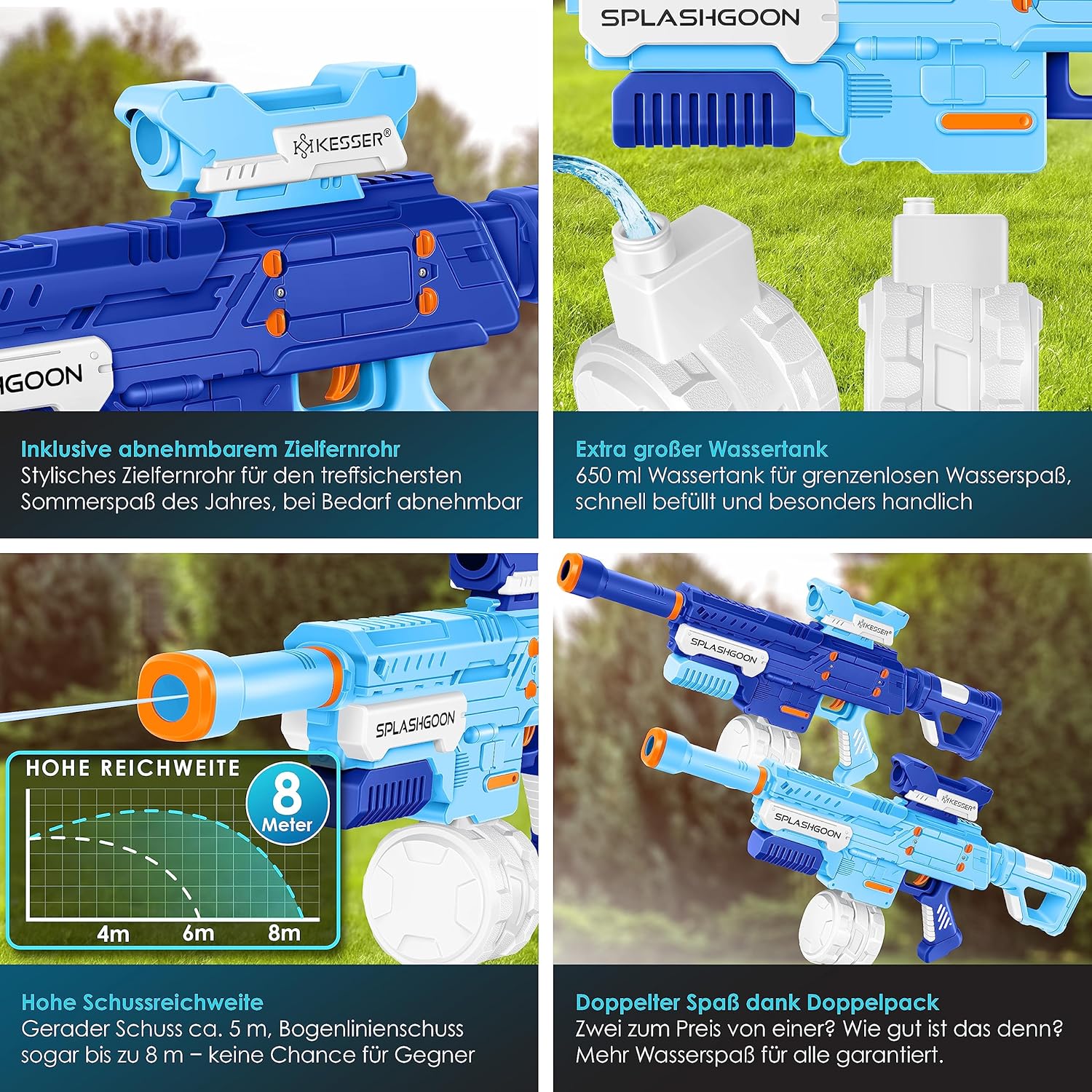 KESSER® Waterpistool set van 2 waterpistolen spuitpistolen incl. telescoopvizier zeer sterk bereik 8 m, inhoud 650 ml speelgoed buiten voor kinderen en volwassenen (lichtblauw/marineblauw)