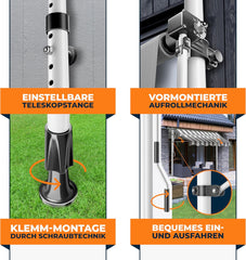 KESSER® Klemluifel met handslinger, balkon, balkonluifel zonder boren, luifel uv-bestendig, in hoogte verstelbaar en waterafstotend, zonwering voor balkon, terras en tuin, terrasoverkapping, 200 cm