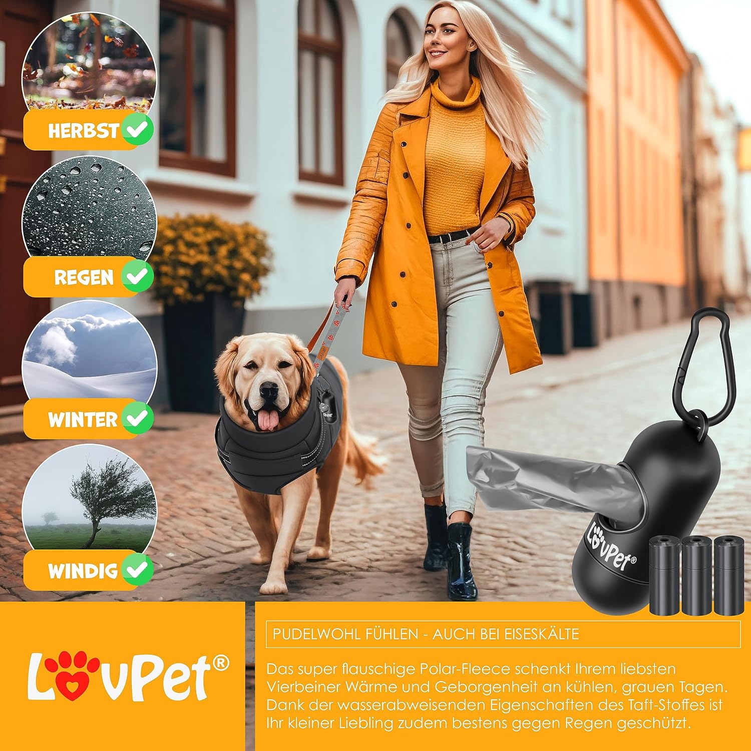 LOVPET® Hondenjas, hondenjas met harnas, incl. 45 stuks poepzakken + dispenser, gevoerd wintervest, waterdicht, gevoerd vest met borstriem, reflectoren, D-ring 2XL, zwart