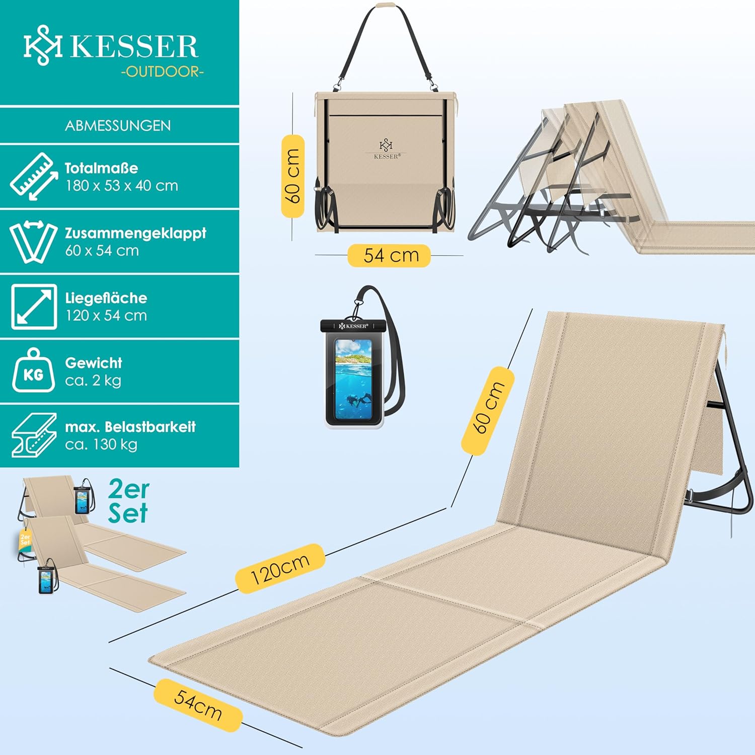KESSER® Set van 2 opvouwbare strandmatten, met verstelbare rugleuning, draagriem, waterdichte tas en opslag, opvouwbare ligstoel voor strand, tuin en terras, elk 130 kg belastbaar
