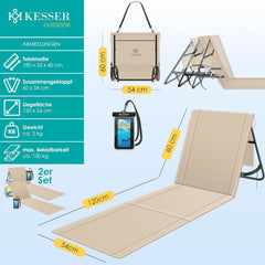 KESSER® Set van 2 opvouwbare strandmatten, met verstelbare rugleuning, draagriem, waterdichte tas en opslag, opvouwbare ligstoel voor strand, tuin en terras, elk 130 kg belastbaar