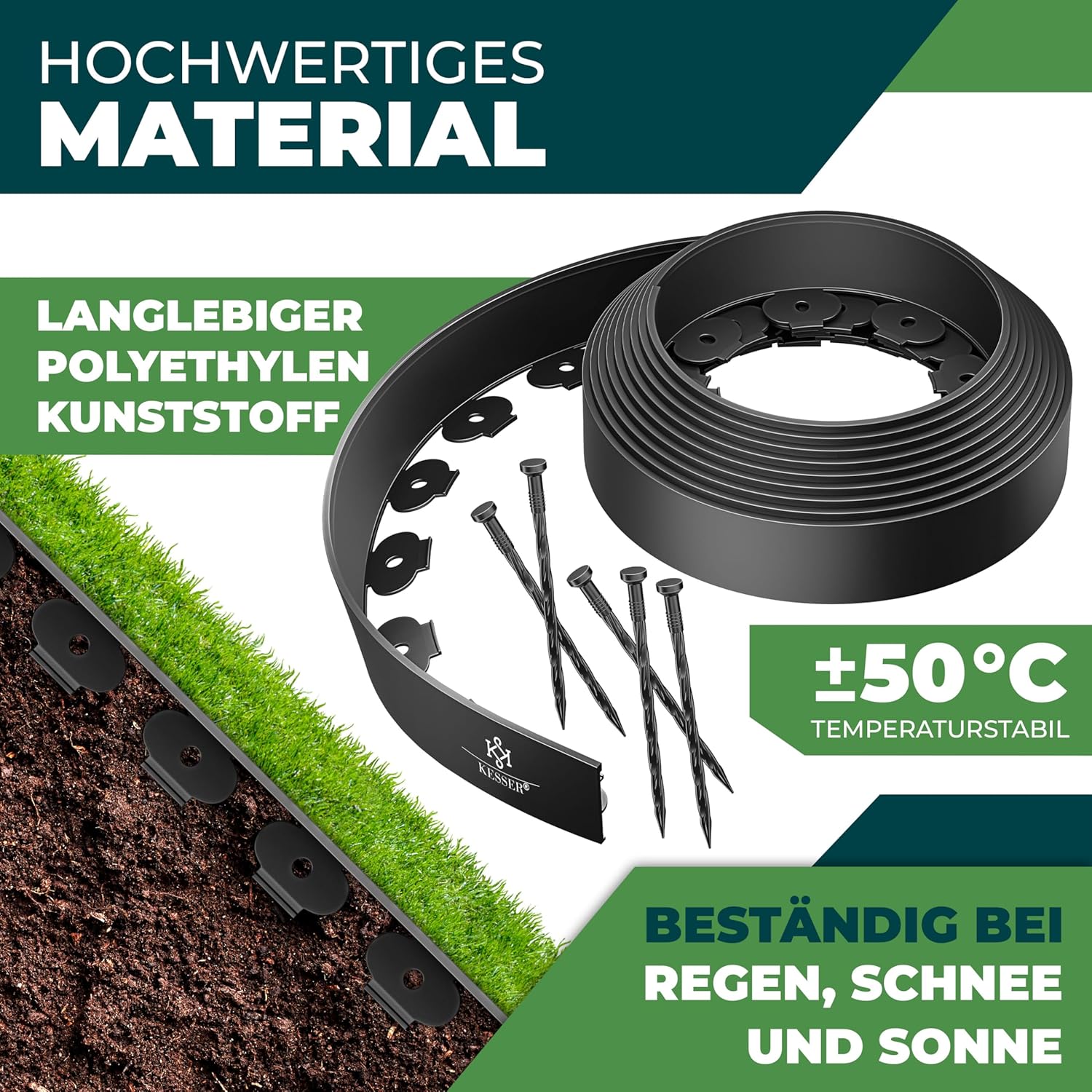 KESSER® Flexibele gazonrand van kunststof, lengte 10 m, hoogte 5 cm, met 65 grondankers + 1 paar handschoenen, borderrand, bloembegrenzing, maaikant, bestratingstenen, palissade - zwart