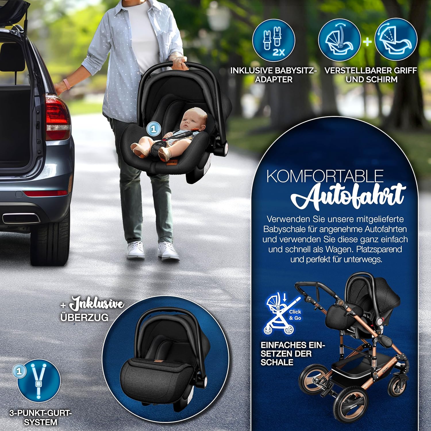 Kinderwagen 3 in 1 - Buggy - Wandelwagen - Kinderbuggy - Champagne - KIDUKU®