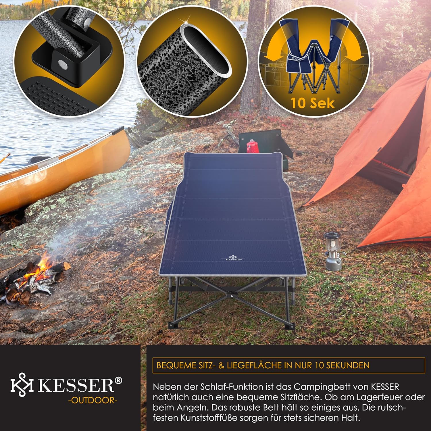 KESSER® Campingbed, veldbed, inklapbaar, incl. draagtas, campinglicht + zijzak, stabiel veldbed, 250 kg belastbaar, metalen buis, 600D Oxford-weefsel, draagbaar ligbed