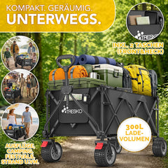 TRESKO® Bolderkar, opvouwbaar, 300 liter, met rem, inklapbaar, 150 kg, incl. massief rubberen banden, opvouwbare strandwagen, extra brede all-terrain wielen, transportwagen met draagtas (zwart)