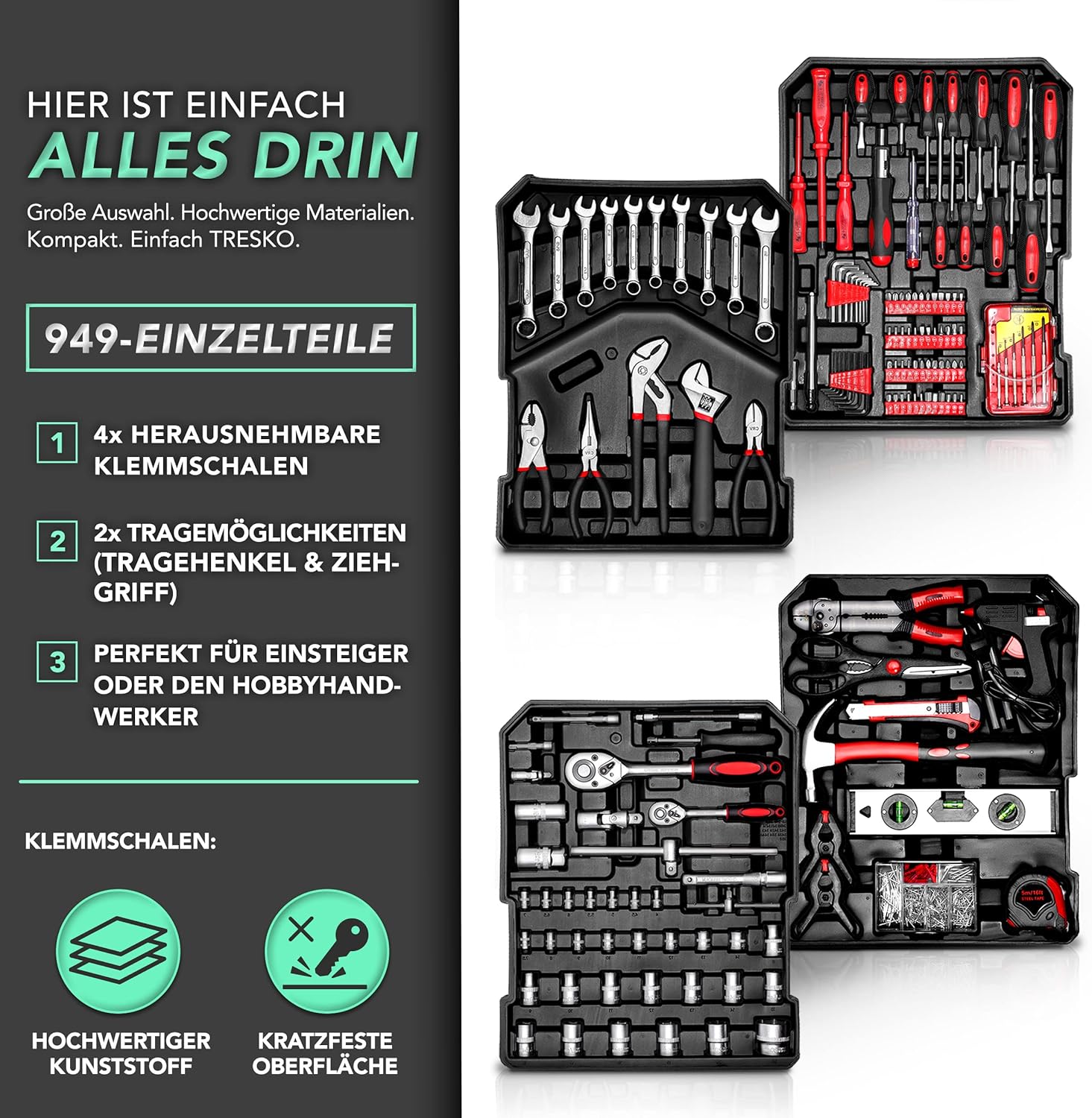 TRESKO® 949 delige gereedschapskoffer - Gereedschapswagen - Zwart