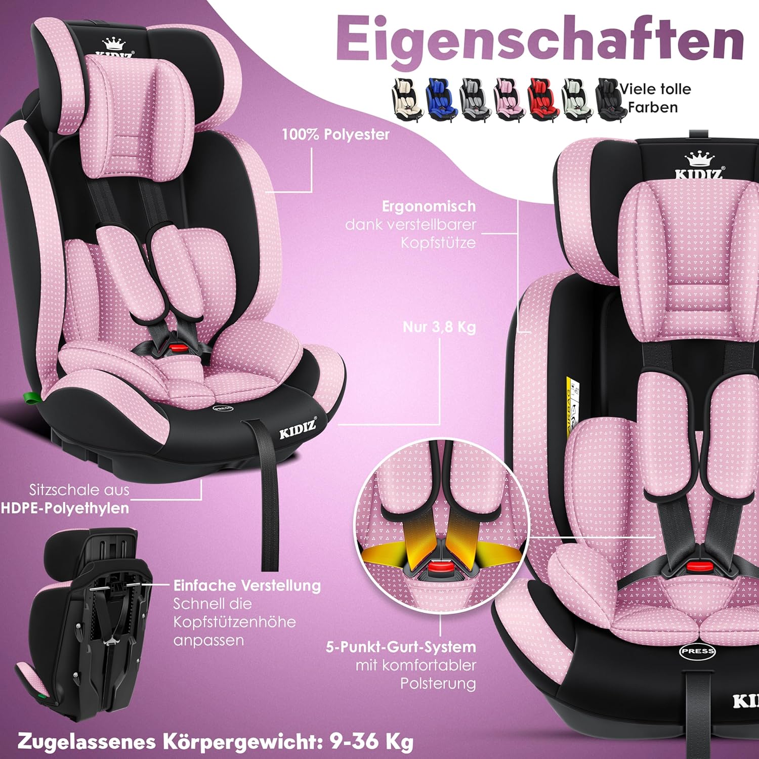 KIDIZ® Autostoeltje - 5-punts veiligheidsgordel - Roze