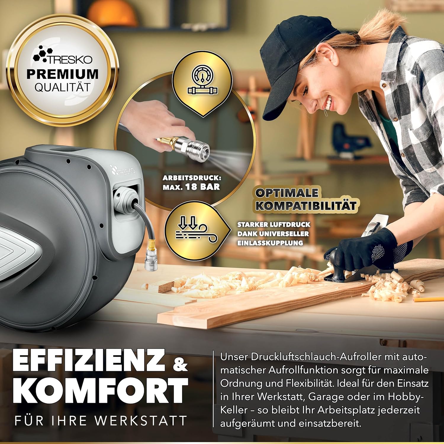 TRESKO® Automatische Luchtslang - 15M - Slanghaspel - Grijs •