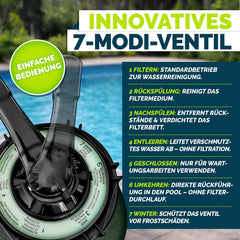 tillvex® Zandfilterinstallatie zwembad met timer, 7.900 l/u, incl. 400 g filterballen, filterinstallatie 7-weg ventiel en 2-in-1 adapter Ø 32 mm - 38 mm, zwembadfilter met drukweergave zandfilter, met timer
