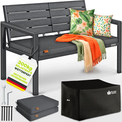 tillvex® Tuinbank, weerbestendig, 3-4-zits, met afdekking en kussens, Parkbank houtlook UV-bestendig | zitbank incl. kussen voor tuin terras balkon | balkonbank met wasbare bekleding