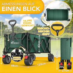 TRESKO® Bolderkar, opvouwbaar, 300 liter, met rem, inklapbaar, 150 kg, incl. massief rubberen banden, opvouwbare strandwagen, extra brede all-terrain wielen, transportwagen met draagtas (groen)