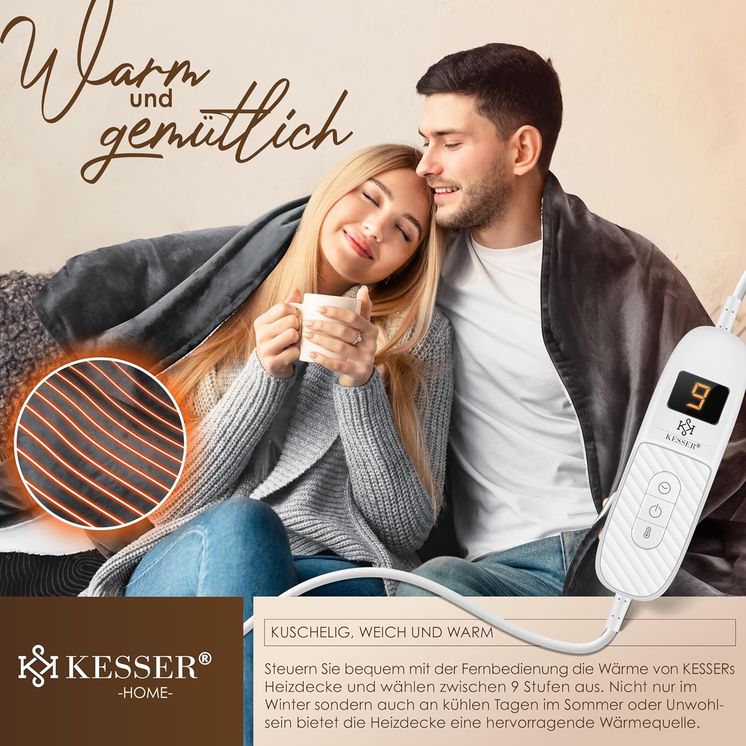 KESSER® Elektrische deken met automatische uitschakeling, 160 x 120 cm, dubbelzijdig elektrische warmtedeken, knuffeldeken, bed, bank, 9 temperatuurniveaus, wasbaar tot 40 °C, met timer, digitaal