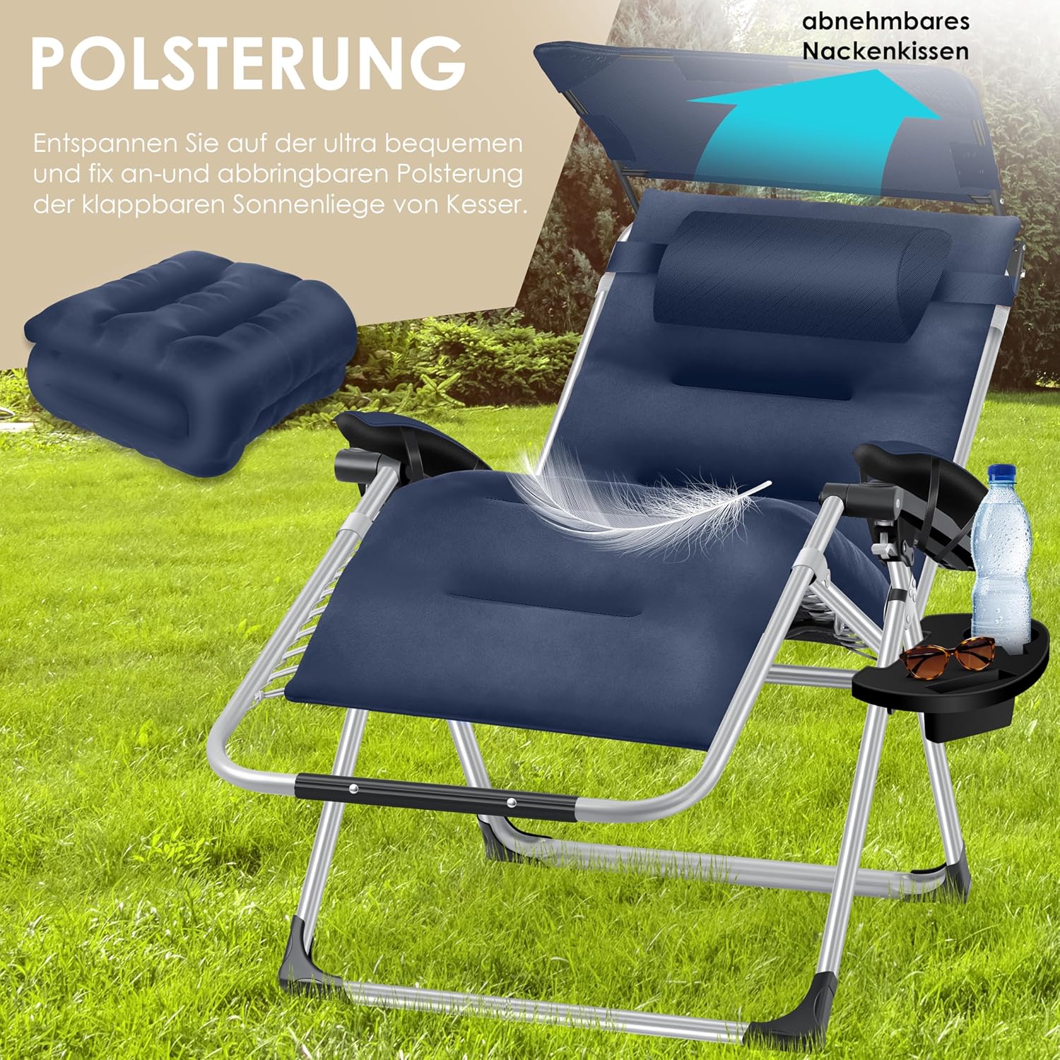 KESSER® XXL opvouwbare tuinligstoel, weerbestendig, belastbaar tot 200 kg, ergonomisch kussen, verstelbare rugleuning met nekkussen, bekerhouder en vulling voor