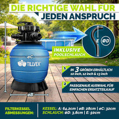 tillvex® Zandfilter zwembad zonder pomp + filterballen | filterketel zwembadfilter incl. adapter Ø 32-38 mm | zandfilterketel + 7-wegventiel, manometer en zuigslang (blauw, tot 35 m³ (35.000 liter)