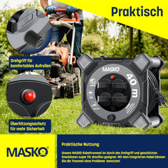 MASKO® Kabelhaspel, 40 m, verlengkabel met geaarde stopcontacten en wikkelgreep, outdoor kabelhaspel thermobescherming, apparaattrommel IP44, 1000 W ~ 3000 W, inclusief draaggreep en