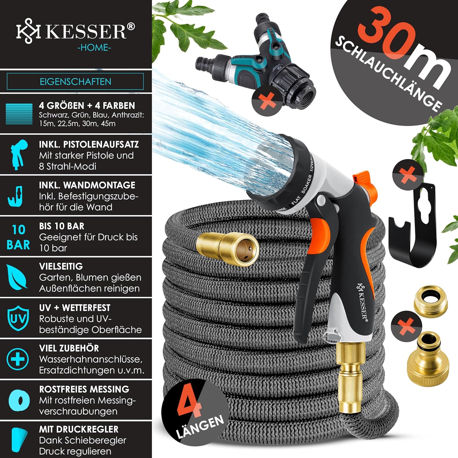 Flexibele Tuinslang - Inc. sproeikop - 30 meter - Antraciet