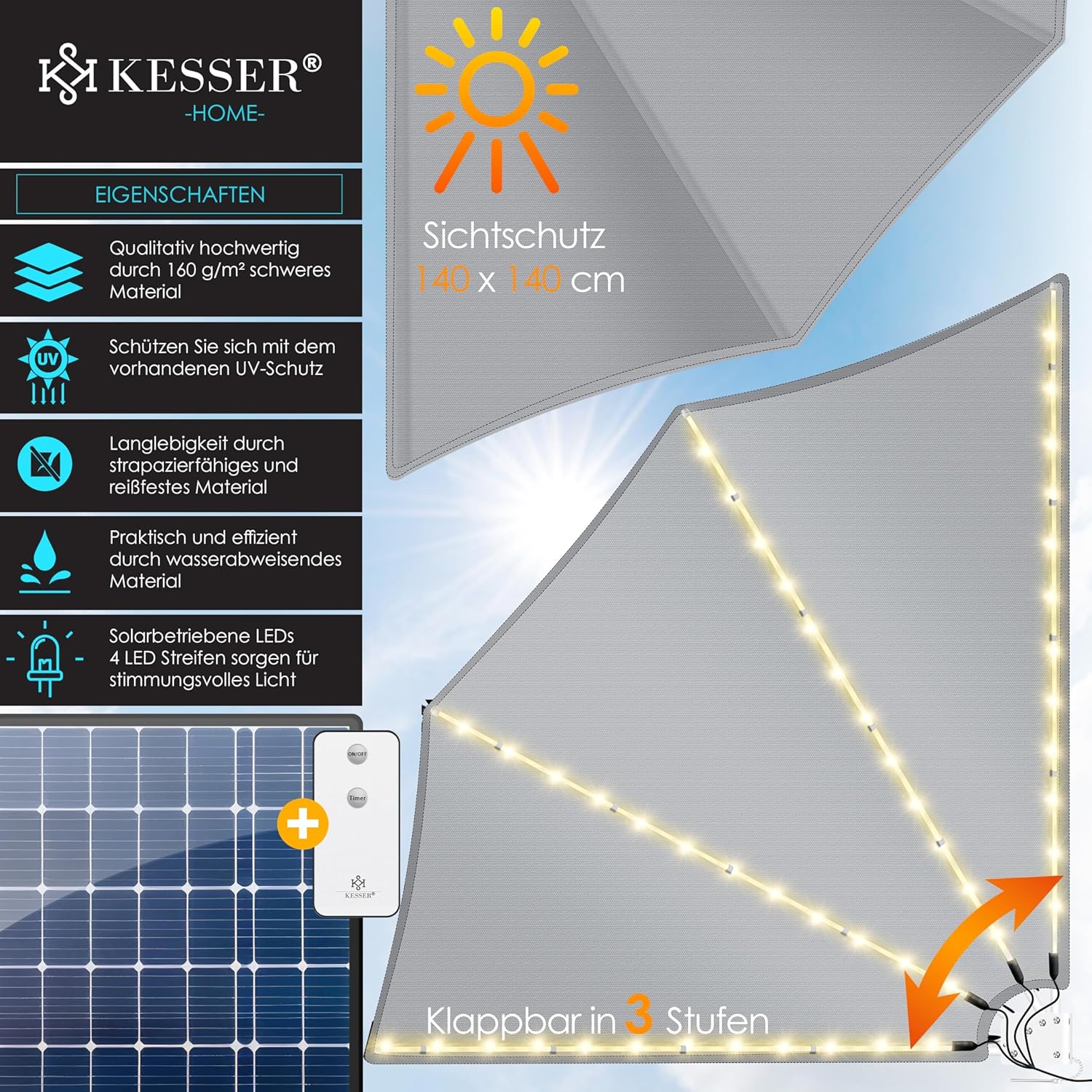 KESSER® opvouwbaar balkonscherm - LED - 140x140cm - Lichtgrijs