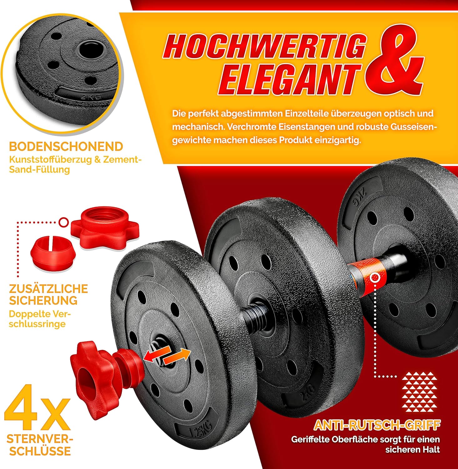 RE:SPORT 2-in-1 halterset, 30 kg, halterset verstelbaar, korte halter en lange halter, stersluitingen en verbindingsbuis
