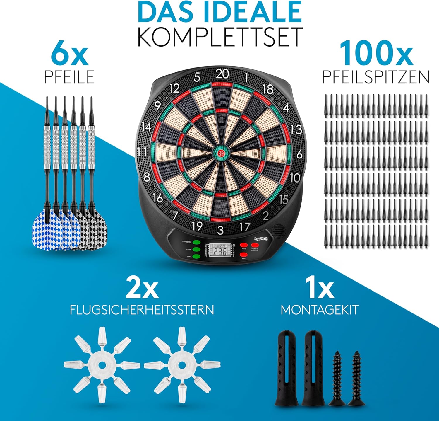 DartPro Het origineel: elektronisch dartbord professioneel dartbord met 6 darts [draadloos te gebruiken] Innovatief dartautomaat met 65 varianten, double in en double-out, voor 1 tot 8 spelers •