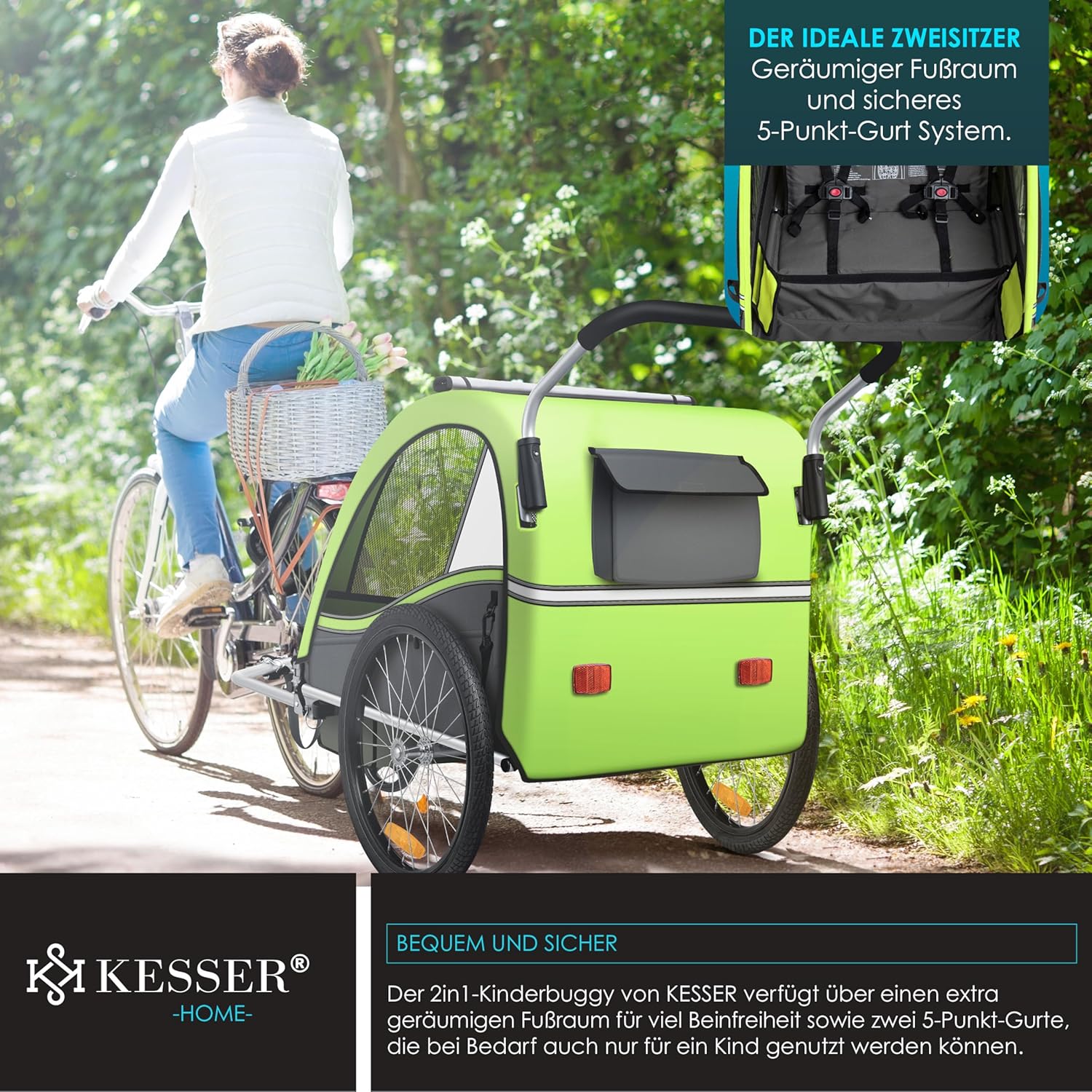 KESSER® Fietsaanhanger - Kinderaanhanger - Max. 40kg - Groen