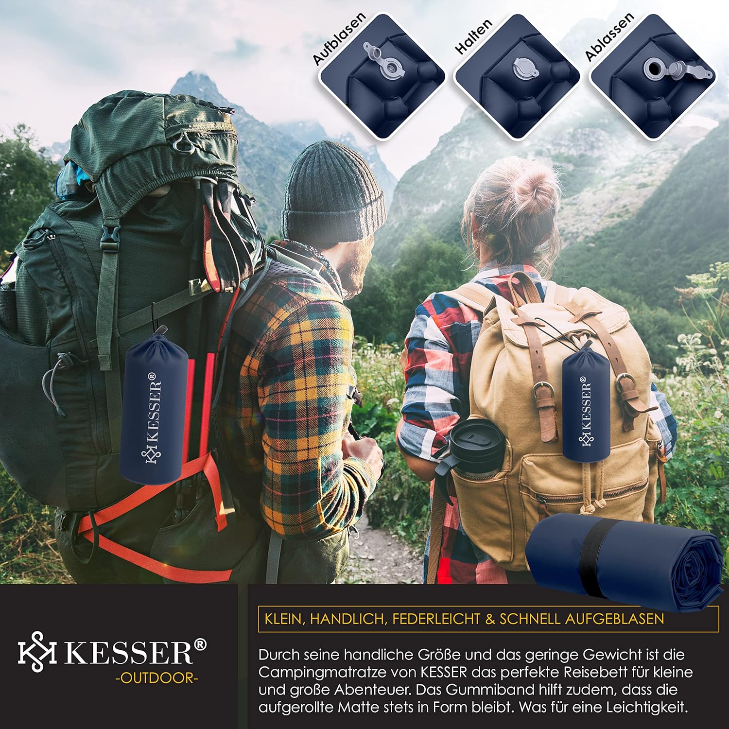 Luchtbed - 1 Persoons - Camping matras - Opblaasbed - Blauw - KESSER®
