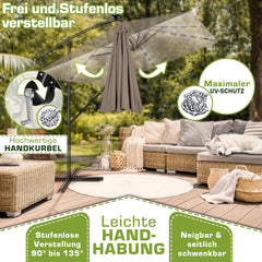 tillvex Rechthoekige aluminium parasol, diameter 330 cm + afdekking met zwengel, zweefparasol, aluminium, rechthoekig met standaard en windbescherming, tuinscherm, uv-bescherming, waterdicht, 360°, cappuccino