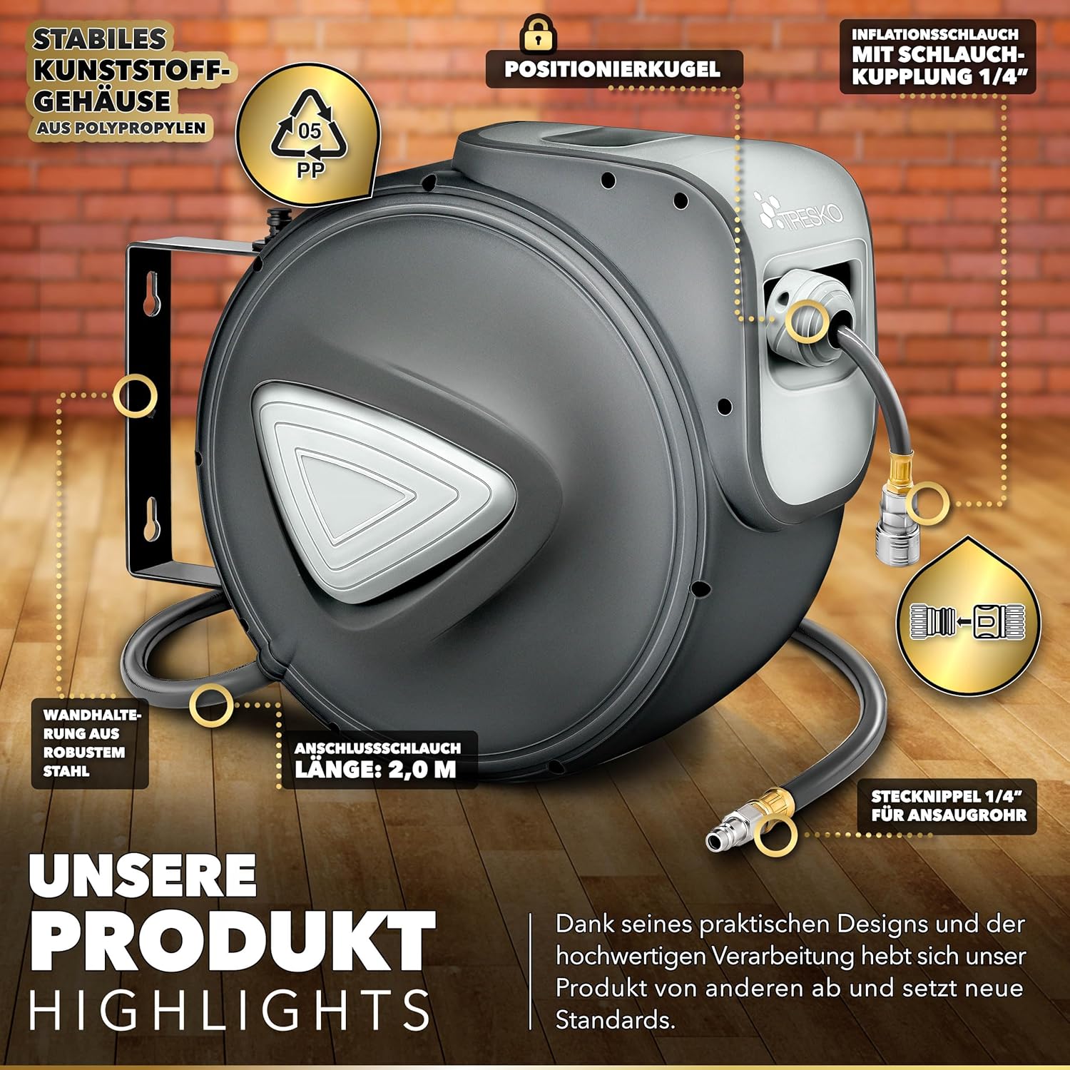 TRESKO® Automatische Luchtslang - 15M - Slanghaspel - Grijs •