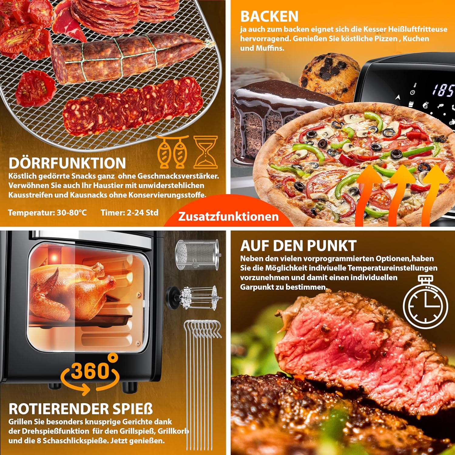 KESSER® XXL Airfryer - 9-in-1 - Heteluchtfriteuse - 1800W - Zwart •