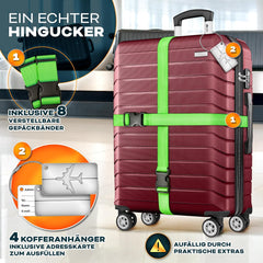 tillvex® Reiskofferset 4-delig + bagageweegschaal, 8 x kofferriemen en 4 x kofferlabels, kofferset met 4 wielen, trolley, bagage, koffer, TSA-slot, kofferset met harde schaal, S-M-L-XL, rood, modern
