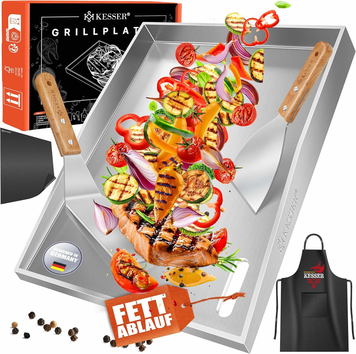 KESSER® RVS Grillplaat Plancha - 40x30cm - Tot 800°C - Vaatwasserbestendig