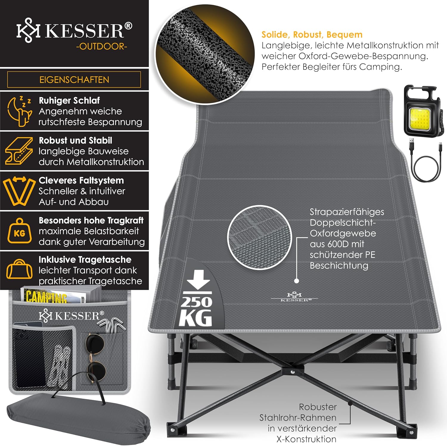 Veldbed - 1 Persoons - Kampeerbed - Stretcher - Grijs - KESSER®