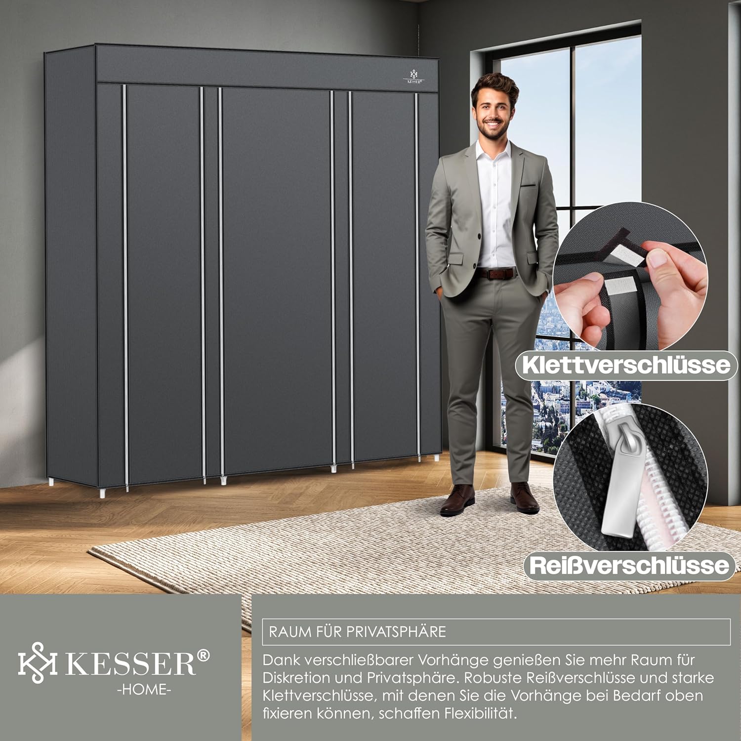 KESSER® Kledingkast stoffen kast stabiel met kledingstang en planken, incl. 5 x kleerhangers, stoffen vouwkast voor slaapkamer, kleedkamer garderobe met kledingrek 150x45x175cm antraciet