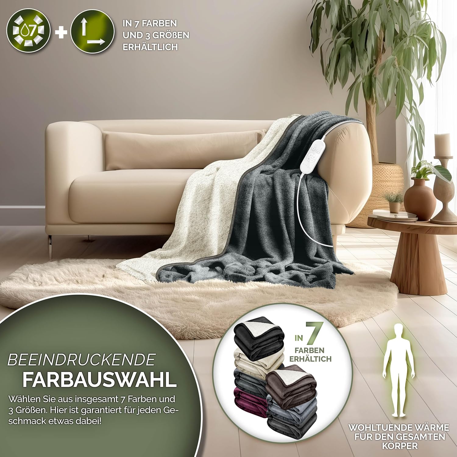 sinnlein® Elektrische deken met automatische uitschakeling, 200 x 180 cm, elektrische warmtedeken met 9 temperatuurniveaus, knuffeldeken, wasbaar, bed, bank, elektrische deken, met