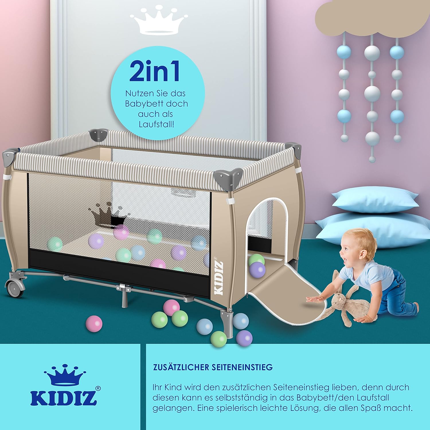 KIDIZ® 3in1 Babybedje - Campingbedje - Ledikant  - Beige