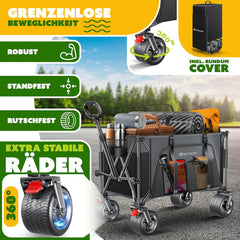KESSER® Bolderkar, GTR9000, handwagen, 200 kg, 300 liter opbergruimte, transportwagen, opvouwbaar, extra brede 360° wielen en parkeerremmen, weerbestendig, strandwagen, incl. afdekking, zijzak en