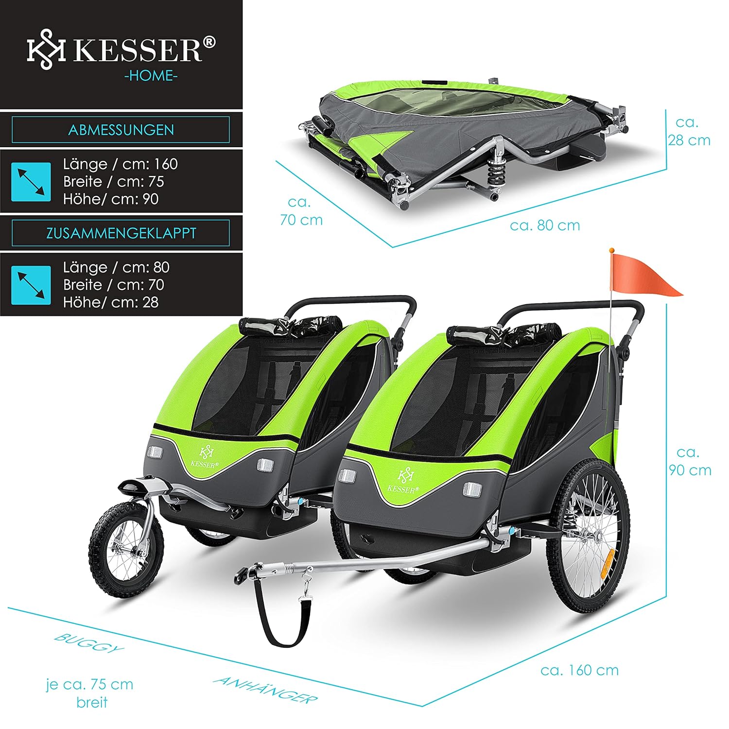 Fietskar kinderen - Fietsaanhanger - tot 40kg - Groen •