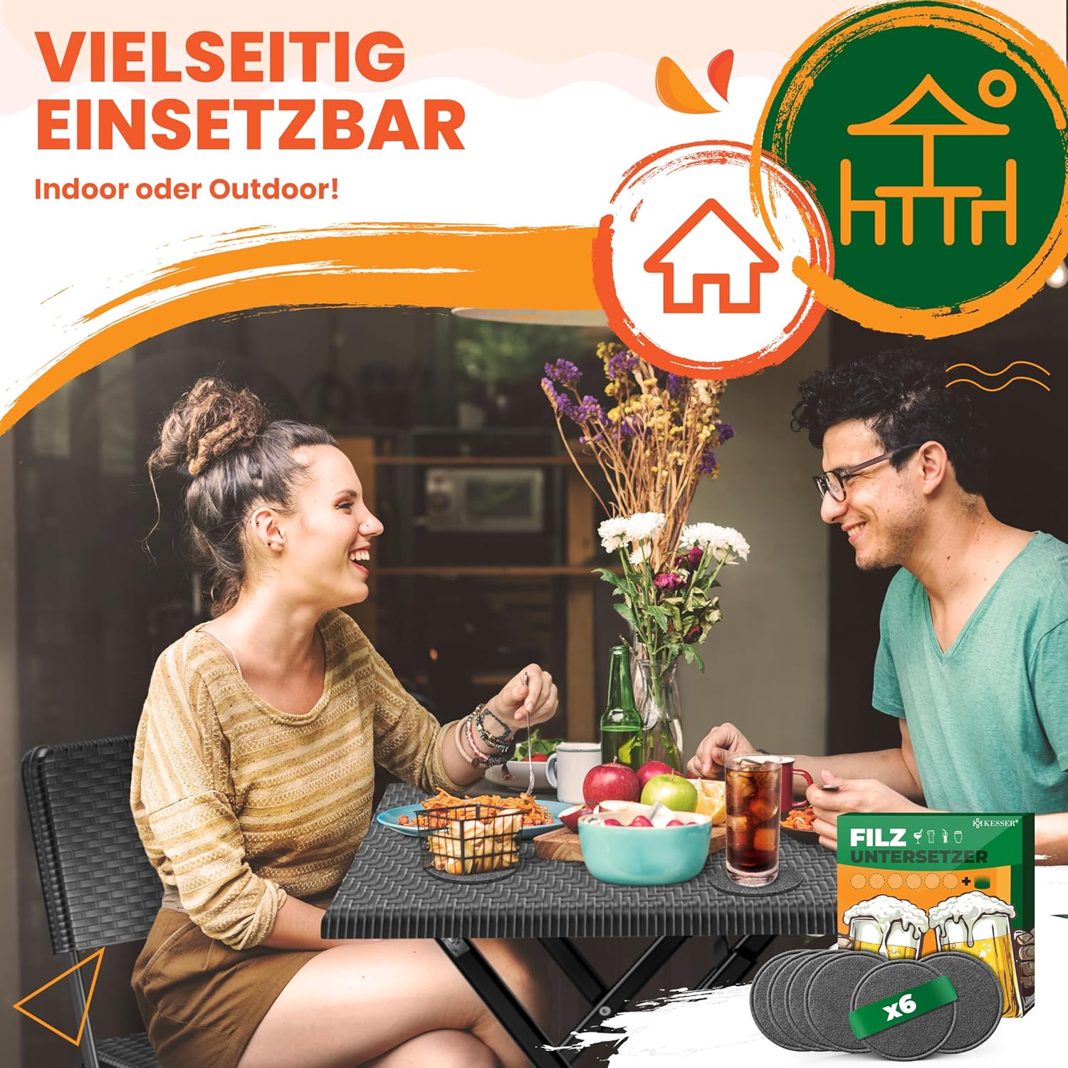 KESSER® Bistroset 3-delige balkontafel met 2 stoelen, balkonmeubel, weerbestendig en uv-bestendig, balkonset, inklapbare zitgroep, gecoat staal en rotan-look, tuinmeubelset met 6 vilten onderzetters