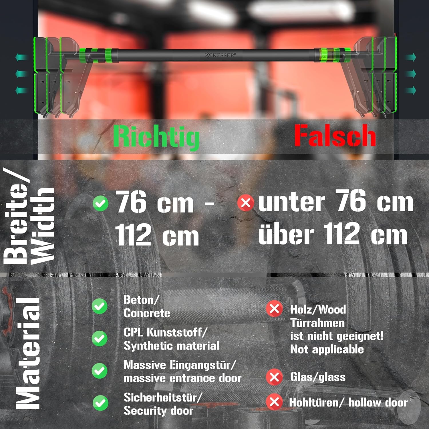 KESSER® Optrekstang - Pull-up bar - Zonder schroeven - 68-106 cm - Groen