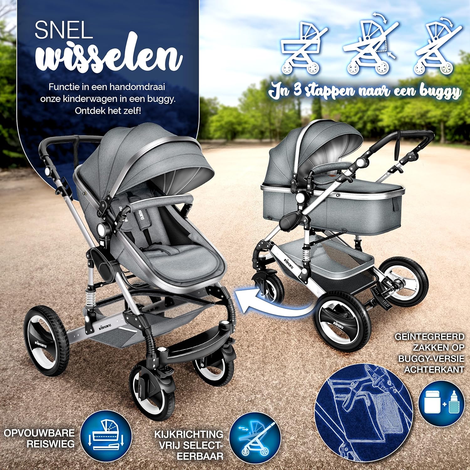 Kinderwagen 3 in 1 - Buggy - Wandelwagen - Kinderbuggy - Lichtgrijs - KIDUKU®