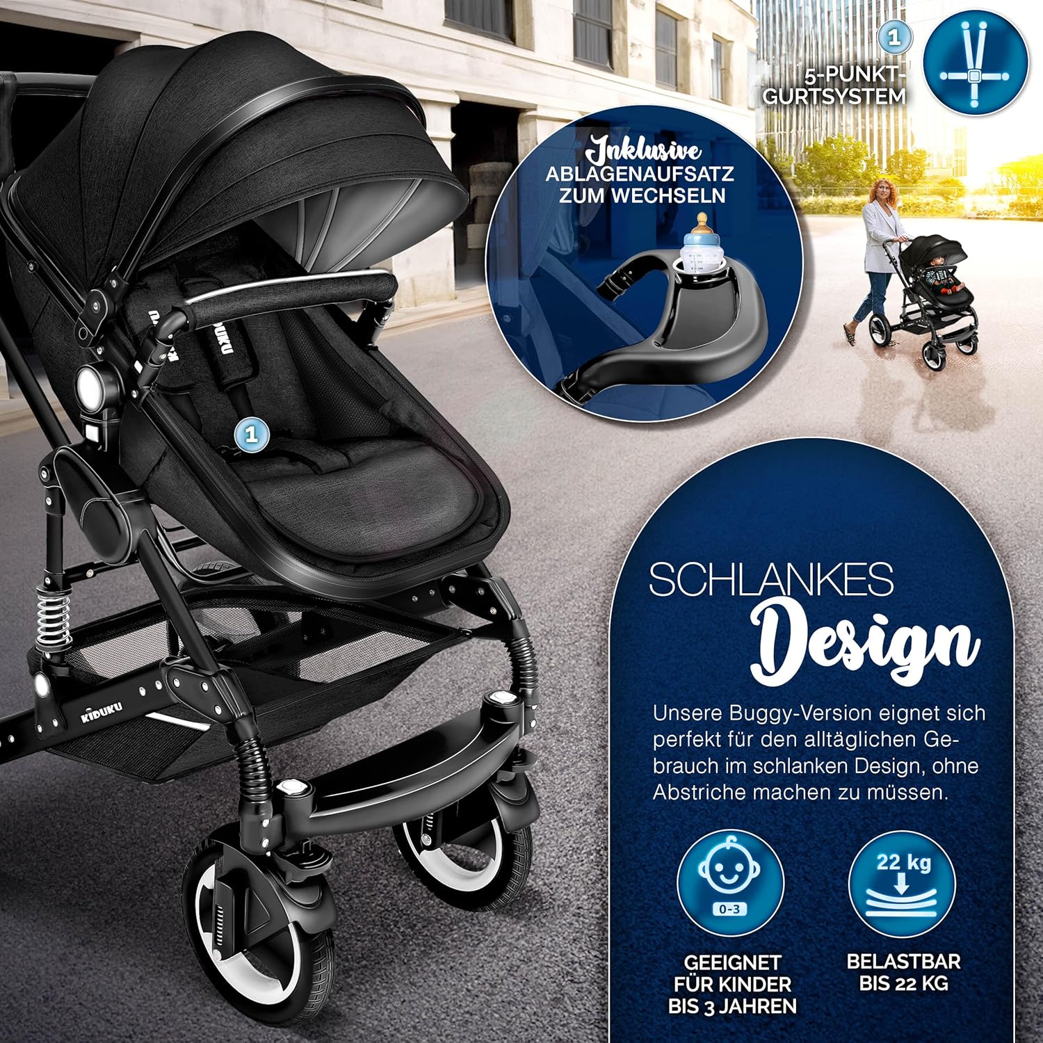 Kinderwagen 3 in 1 - Buggy - Wandelwagen - Kinderbuggy - Zwart - KIDUKU®