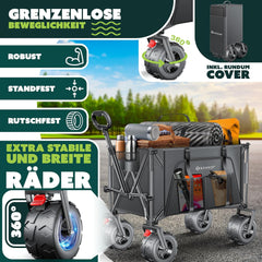 KESSER® Bolderkar, GTR9000, handwagen, 200 kg, 300 liter, opvouwbaar, brede 360° luchtwielen en parkeerremmen, weerbestendig, strandwagen, incl. afdekking, zijzak en bekerhouder