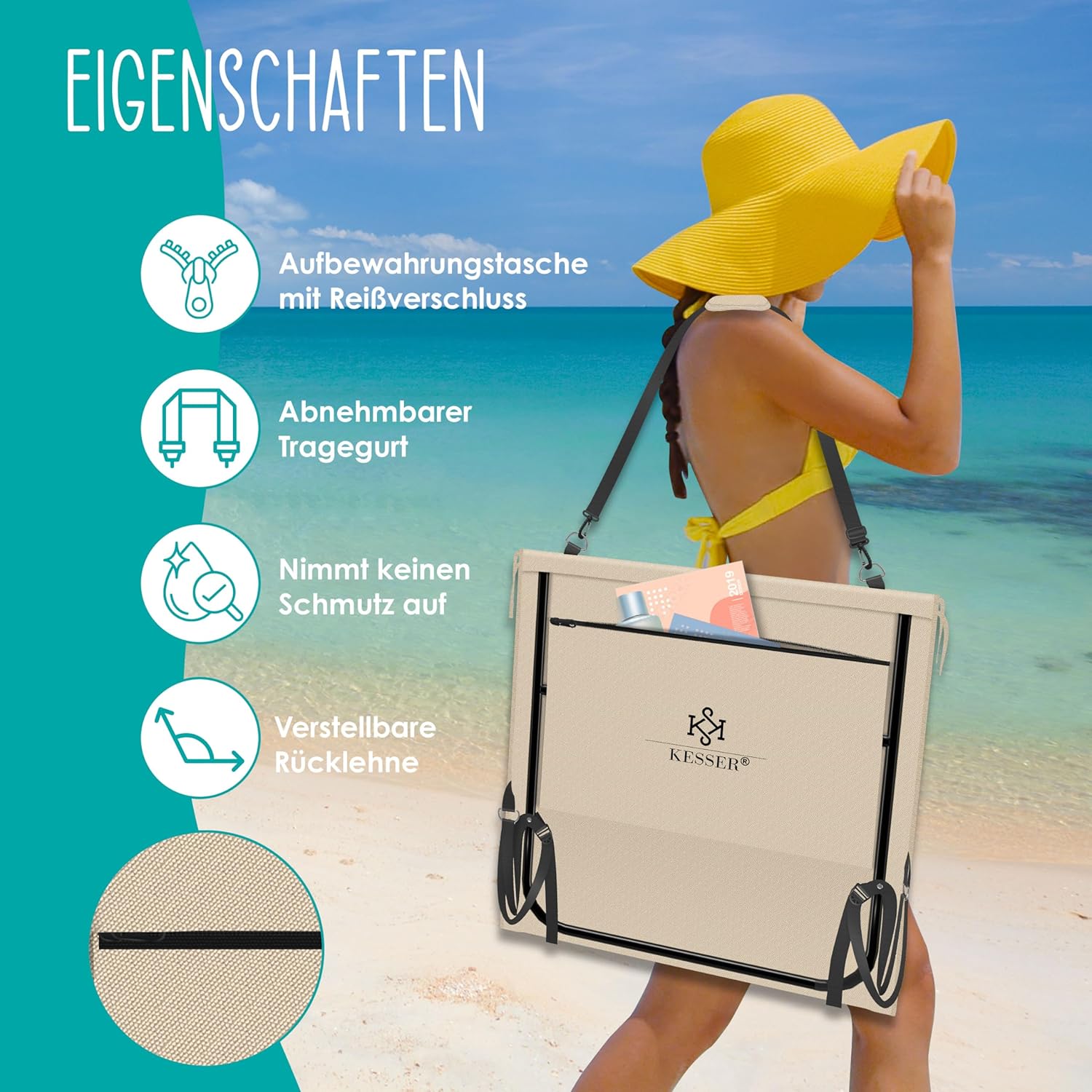 KESSER® Set van 2 opvouwbare strandmatten, met verstelbare rugleuning, draagriem, waterdichte tas en opslag, opvouwbare ligstoel voor strand, tuin en terras, elk 130 kg belastbaar