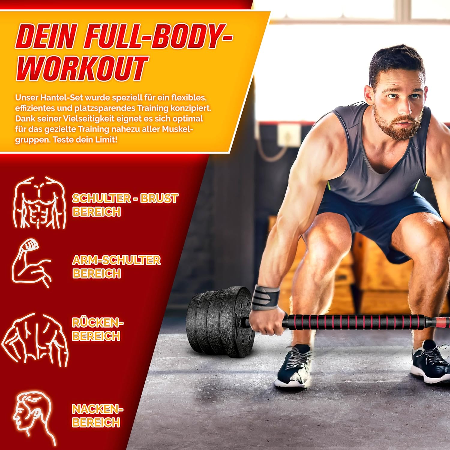 RE:SPORT 2-in-1 halterset, 30 kg, halterset verstelbaar, korte halter en lange halter, stersluitingen en verbindingsbuis