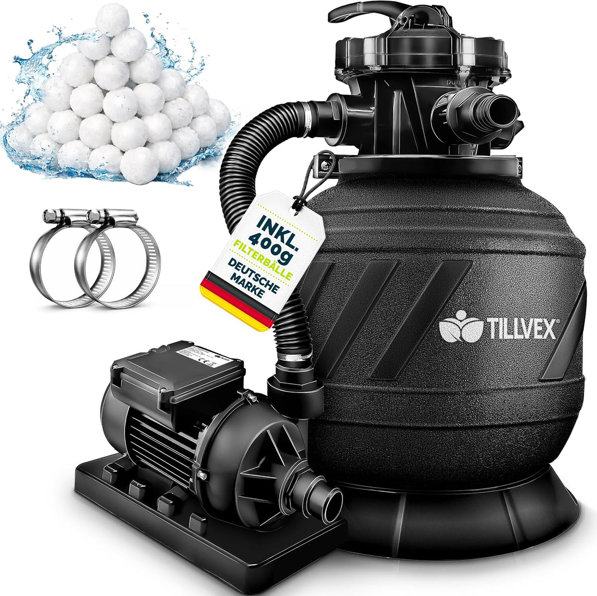 tillvex AquaBlack Pro Zandfilterinstallatie, 7.900 l/u, incl. 400 g filterballen, filterinstallatie 7-weg ventiel en 2-in-1 adapter Ø 32 mm - 38 mm, zwembadfilter met drukweergave, zandfilter zwembad