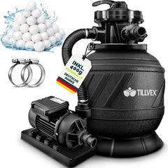 tillvex AquaBlack Pro Zandfilterinstallatie, 7.900 l/u, incl. 400 g filterballen, filterinstallatie 7-weg ventiel en 2-in-1 adapter Ø 32 mm - 38 mm, zwembadfilter met drukweergave, zandfilter zwembad