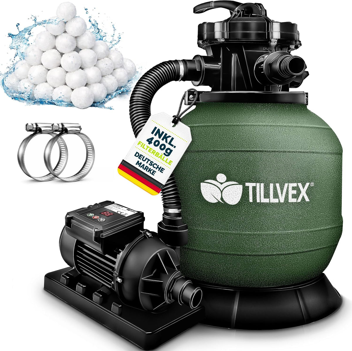 tillvex® Zandfilterinstallatie zwembad met timer, 7.900 l/u, incl. 400 g filterballen, filterinstallatie 7-weg ventiel en 2-in-1 adapter Ø 32 mm - 38 mm, zwembadfilter met drukweergave zandfilter, met timer