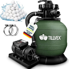 tillvex® Zandfilterinstallatie zwembad met timer, 7.900 l/u, incl. 400 g filterballen, filterinstallatie 7-weg ventiel en 2-in-1 adapter Ø 32 mm - 38 mm, zwembadfilter met drukweergave zandfilter, met timer