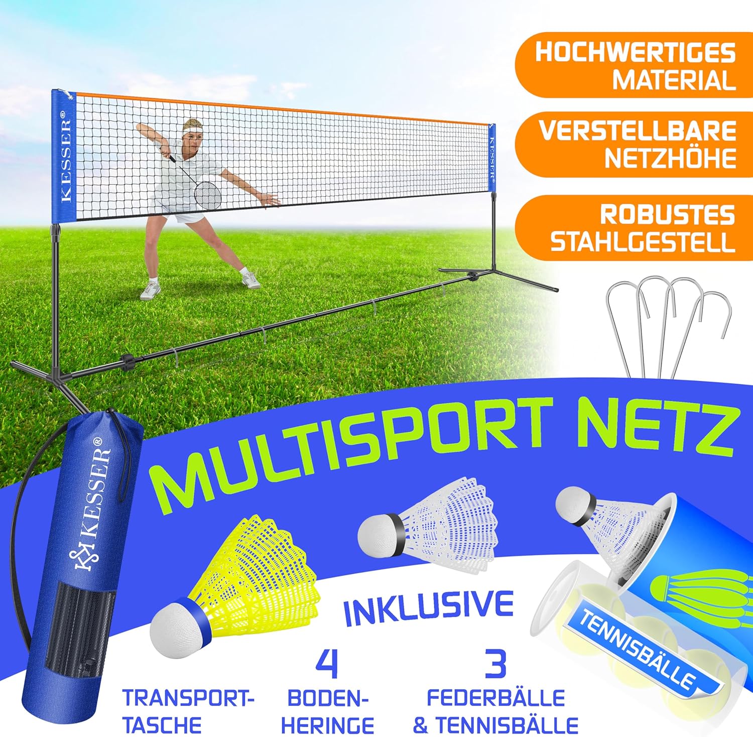 KESSER® Badmintonnet - Tennisnet - Volleybalnet - Verstelbaar - 400CM •